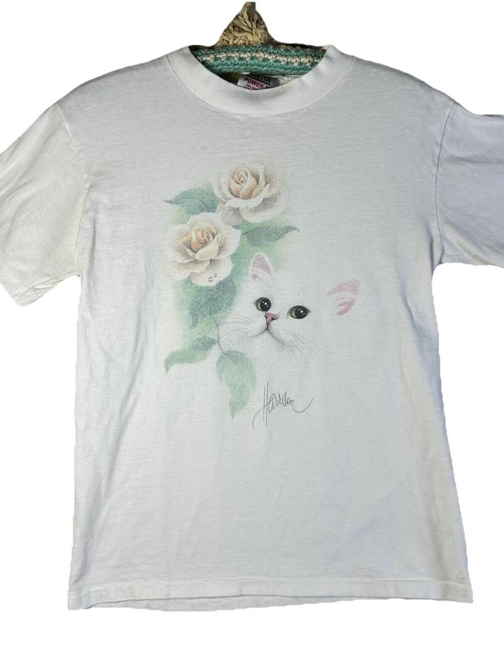 Vintage Single Stitch Harrison Rose And  Kitten T-Shirt Fem Coquette Grandma Sm